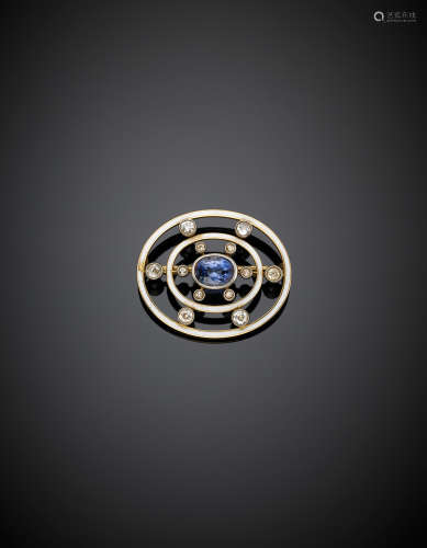 Yellow gold, diamond, white enamel and central oval ct. 2.60 circa sapphire brooch, g 9.44, width cm 3.50 circa.(slight defects)