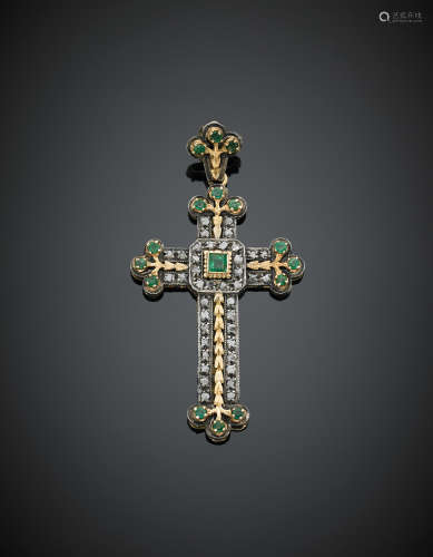 Yellow gold and silver diamond and emerald cross pendant, g 14.60, length cm 7, width cm 3.7 circa.