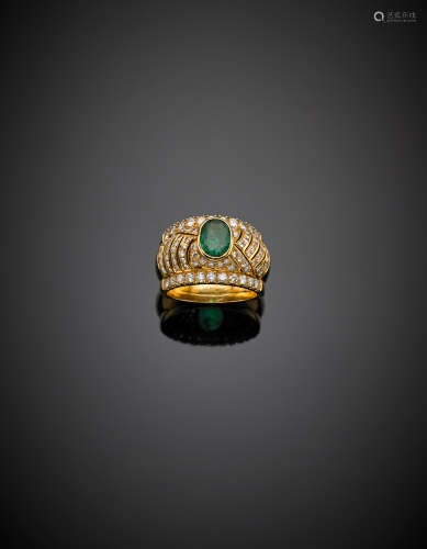 NOELLOYellow gold round diamond, oval emerald bomb? ring, g 11.89 size 18/58. Signed NOELLO