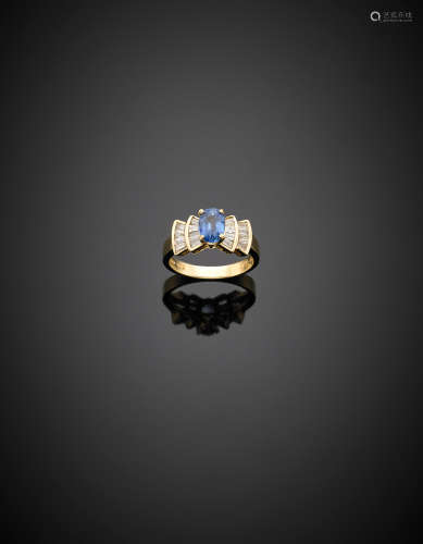 Yellow gold oval sapphire diamond baguette ring, g 3.75 size 11/51.