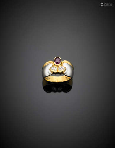 Bi coloured gold tapered diamond and ruby ring, g 8.48 size 15/55.