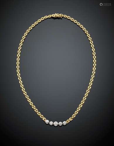Bi coloured gold modular necklace with five, in all ct. 0.40 circa diamonds, g 23, length cm 40.20 circa.