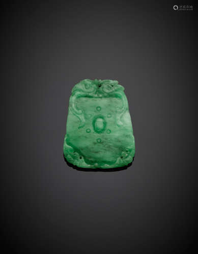 Carved green jadeite, g 26.01, length cm 5.40, width cm 4.10 circa.
