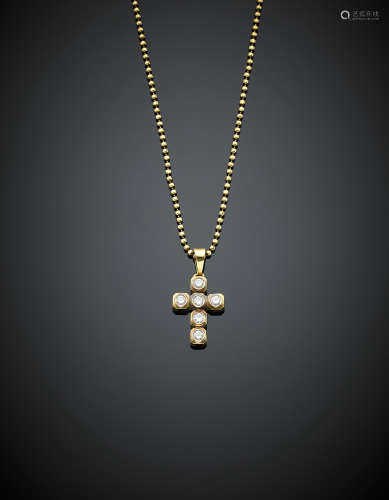 Yellow gold diamond cross with bead link chain, g 7.70, length cm 41 circa.