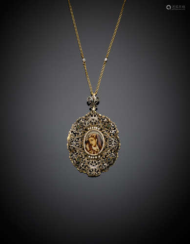 Yellow gold and silver, seed pearl and emerald openwork Madonna pendant with link chain, g 10.80, length cm 28.50 circa.