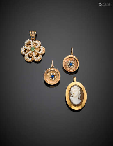 Yellow 14K gold lot composed of two earrings, a pendant and a cameo accented with pearls and vitreous paste, in all g 10.58.