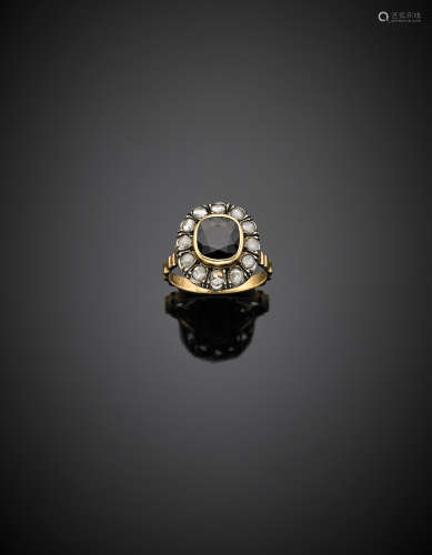 Yellow gold and silver rose cut diamond and sapphire ring, g 5.20 size 16/56.
