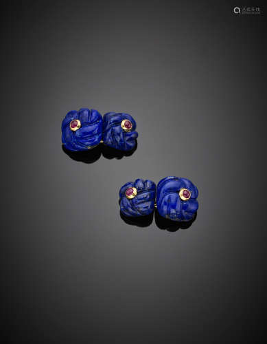 Yellow gold carved lapislazuli cabochon ruby accented cufflinks, g 9.66.