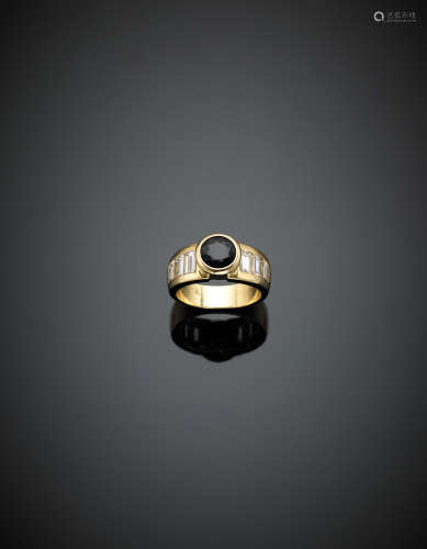 Yellow gold six diamond, in all ct. 1.50 circa round sapphire ring, g 8.90 size 16/56.
