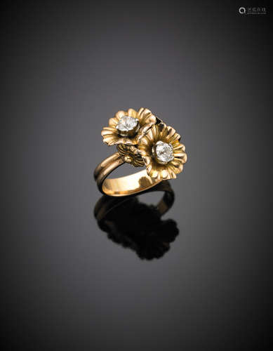 Yellow gold  flower ring with two diamonds, g 7.62 size 18/58.