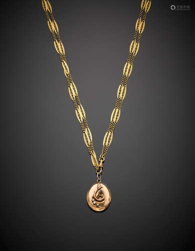 Yellow gold long necklace with older seed pearl and sapphire pendant, g 52.95, length cm 76.50 circa.