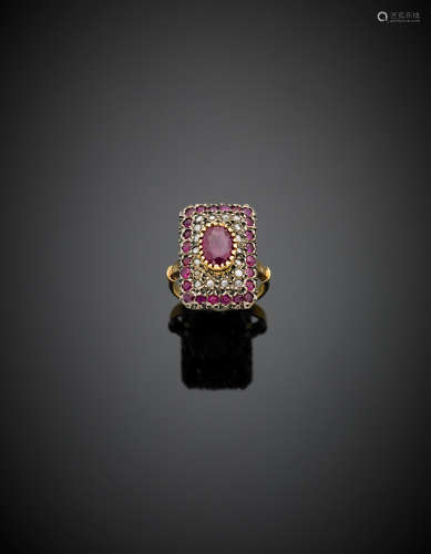 Yellow gold, silver, diamond and ruby rectangular ring, g 8.00 size 15/55.