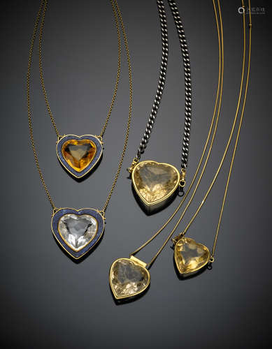 Lot of four yellow gold and burnished metal necklaces of different lengths all with citrine heart shaped quartz pendants, two accented with lapislazuli, one signed Rondina, g 218.80.