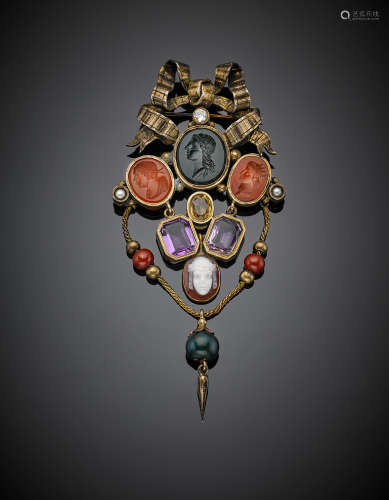 Metal pendant with citrine and amethyst quartz, carnelian, onyx and agate cameos and jasper bead, g 24.75, length cm 9 circa.