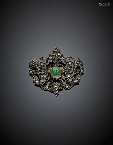 Yellow gold and silver , diamond and emerald flower brooch, g 8.18, length cm 4.50 circa.