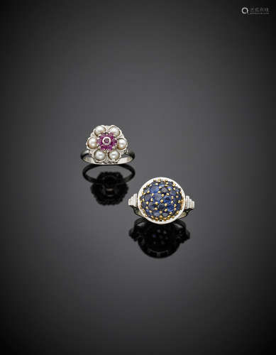Two bi coloured gold rings, with pearl and ruby the first, with sapphire the second, g 13.56 size 12/52 13/53.