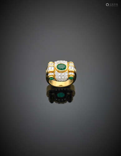 Bi coloured gold, round and baguette diamond ring with central oval emerald and four cabochon emeralds shoulders, g 13.0 size 12/52.