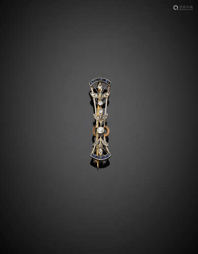 Gold and platinum diamond and sapphire brooch, g 3.11, length cm 4.50 circa.