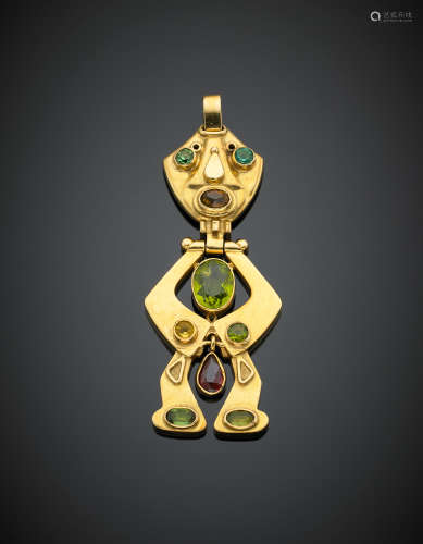 yellow gold, peridots, garnets and vitreous paste articulated puppet pendant, g 11.20, length cm 6 circa. Marked 84 FI