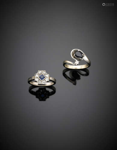 Two white gold diamond and sapphire rings, g 6.80.
