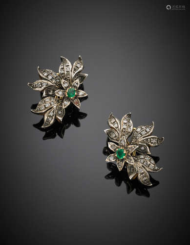 14K yellow gold, silver, diamond and emerald earrings, g 21.60, length cm 4.10 circa.