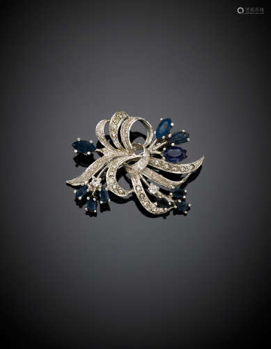 White gold diamond and sapphire flower and ribbon brooch, g 7.72, length  cm 4.50 circa.