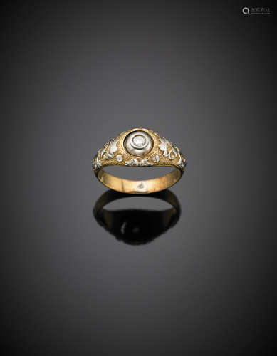 Bi-coloured gold ring centered by a diamond, g 7.84 size 20.5/60.5.