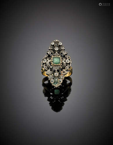 Yellow gold and silver diamond and emerald ring, g 12.49 size 11/51.