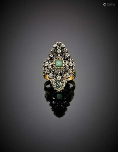 Yellow gold and silver diamond and emerald ring, g 12.49 size 11/51.