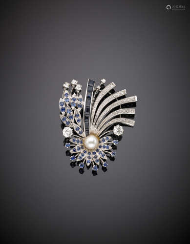 White gold diamond sapphire pearl plume brooch, diamond in all ct.2 circa g.19,70 length cm 5,5 circa