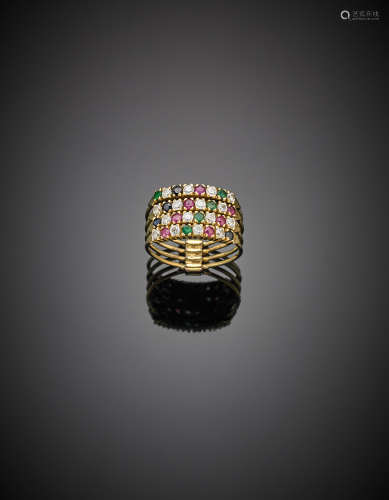 Yellow gold four band ring with diamonds, rubies, emeralds and sapphires, g 5.63 size 18/58.