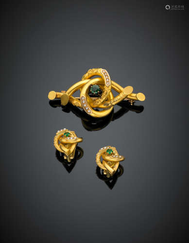 Yellow gold seed pearl and green vitreous paste jewellery set composed of a knot like brooch and earrings, g 12.30.