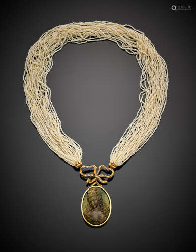 Multi-strand seed pearl torchon necklace with yellow and white gold diamond clasp holding a cm 5.2 cameo, g 69.65, length cm 55.50 circa.