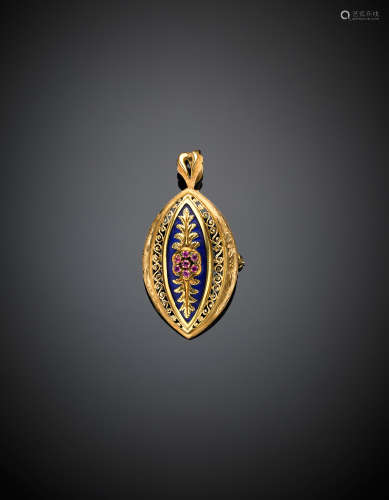 Yellow gold  blue enamel, ruby  brooch/pendant, g 8.46, length cm 5.20 circa.