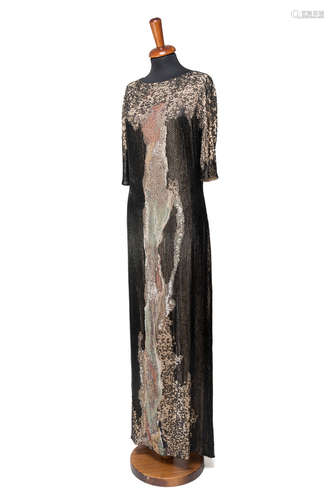 KRIZIALong evening dress embroidered with black, turquoise and multicoloured bugle beads and sequins, slit on the back  (size 42)