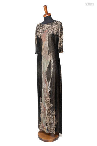 KRIZIALong evening dress embroidered with black, turquoise and multicoloured bugle beads and sequins, slit on the back  (size 42)