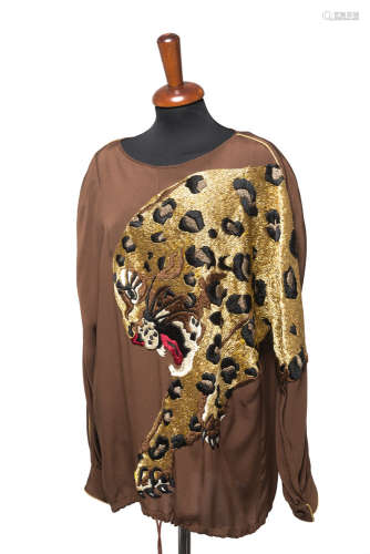 KRIZIABrown tunic embroidered with a gold, ivory, red, black and bronze leopard (size 42)
