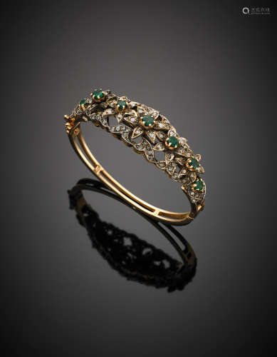 14K yellow gold and silver, irregular and flat diamond, oval emerald bracelet , g 50.15, diam. cm 7.