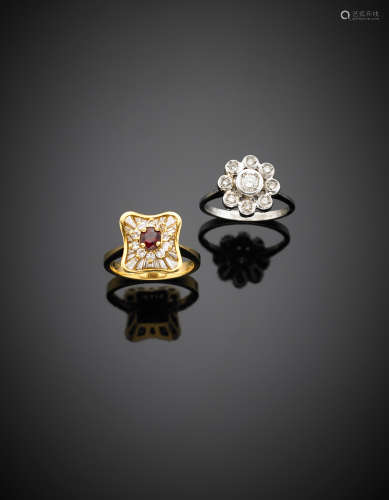 Two bi coloured gold flower rings, with diamonds the first and ruby and diamonds the second g 10.25 size 13.5/53.512/52.
