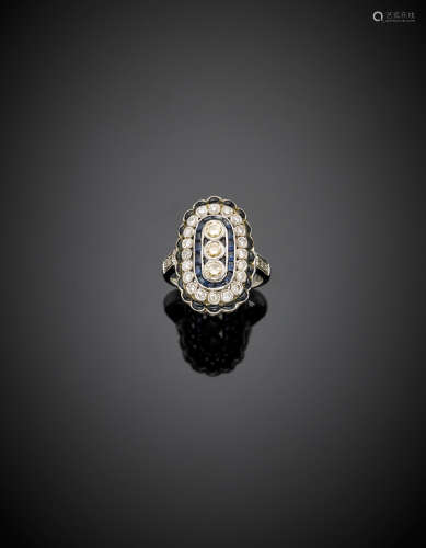 White gold colourless and fancy yellow diamond calibr? and cabochon sapphire ring, g 7.46 size 13/53.
