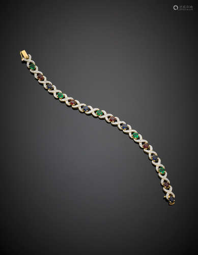 Yellow gold diamond, ruby, sapphire and emerald bracelet, coloured gems, in all ct. 4.80 circa, g 17.29, length cm 17.50 circa.