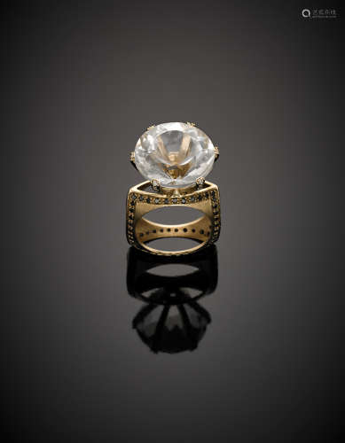 Yellow glazed gold round hyaline quartz ring accented with colourless and black diamonds, g 15.18 size 21/61.