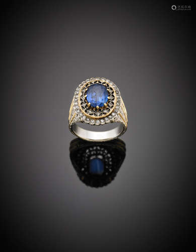 Bi-coloured gold diamond and probable layered sapphire ring, g 7.59 size 13/53.