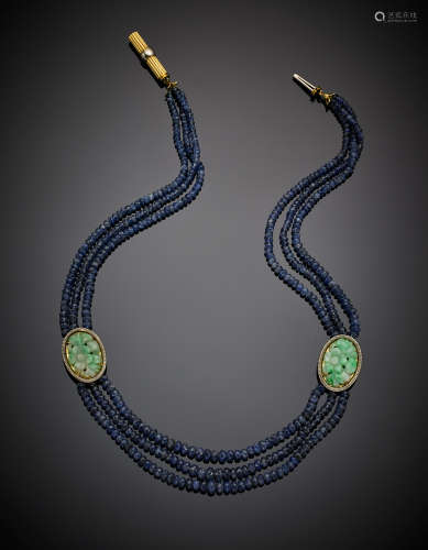 Three-strand faceted sapphire bead necklace with two yellow gold carved oval jades, g 52.93, length cm 47.30 circa.