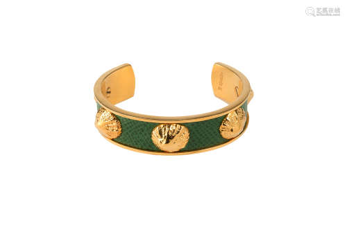 HERMESGreen leather and applied gilt-metal limpet motif cuff bracelet, with original pouch