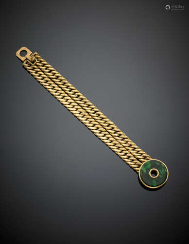 Yellow gold double groumette mesh bracelet with green microcrystalline quartz clasp, g 38.90, length cm 17.2, h cm 1.9 circa. Marked MCB