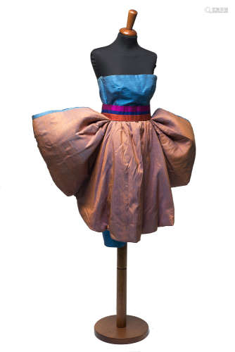 ROBERTO CAPUCCILight blue, bronze and multicolour shantung knee-length dress size 38/40 (signs of wear)