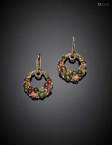 Pink gold diamond and cabochon tourmaline hoop earrings, g 19.76, length  cm 5 circa.