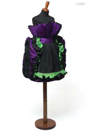ROBERTO CAPUCCIPleated taffeta sleeveless knee-length dress in black, violet and emerald green size 38/40