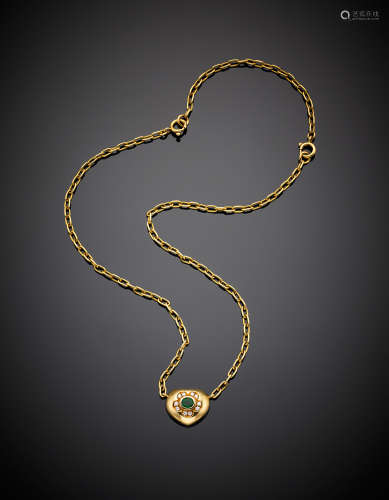 A yellow gold necklace with a heart shaped pendant accented with diamonds and emerald, extendable, g 23.85, length cm 54.50 circa.